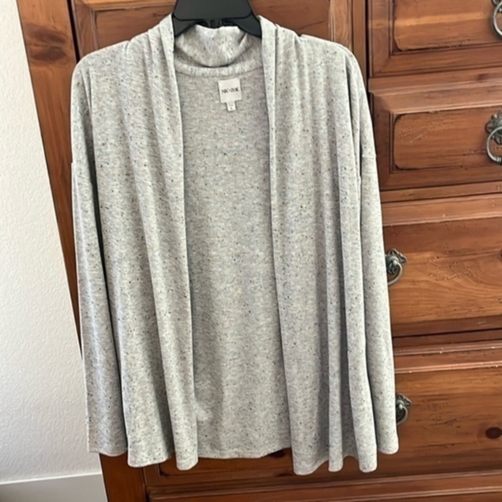 Nic And Zoe Light Gray Cardigan With Navy Tiny Dots Size Large NWOT
